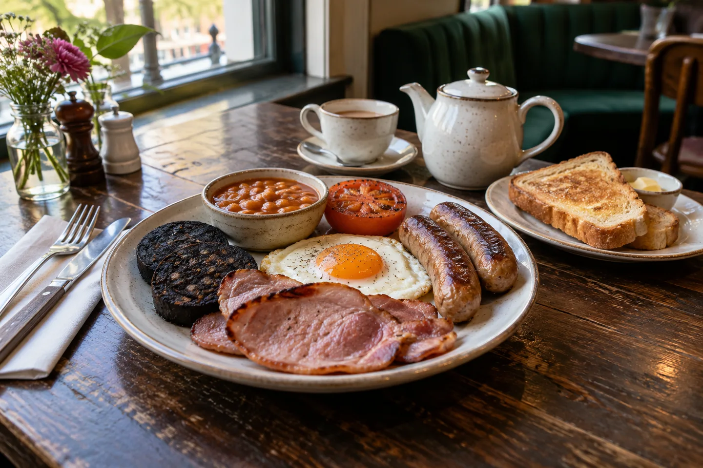 Full English breakfast with back bacon, sausages, egg, black pudding, beans, toast and a pot of tea on a café table.