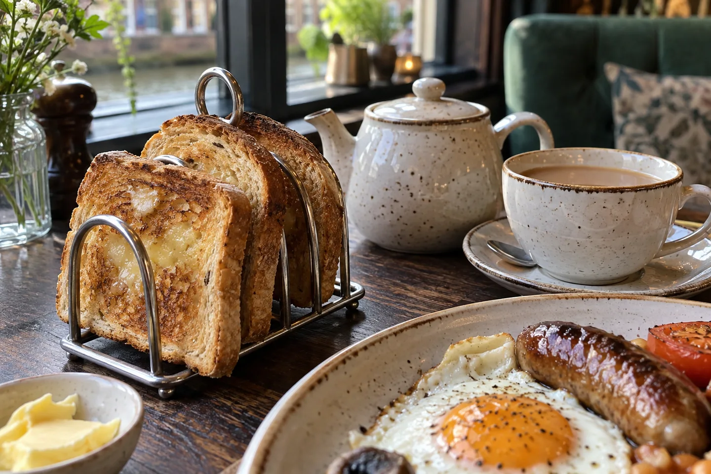 Buttered toast and a cup of milky tea beside a cooked breakfast on a café table.