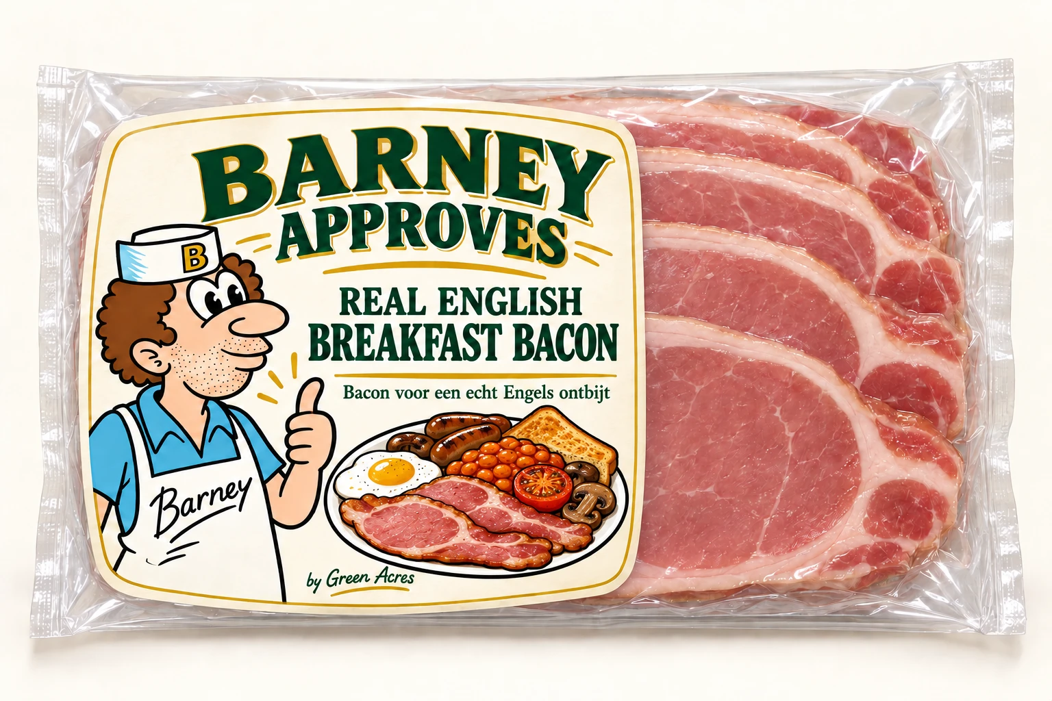 Real English Breakfast Bacon packaging concept featuring Barney and a cartoon full English breakfast with back bacon, egg, sausages, beans, tomato, mushrooms and toast.
