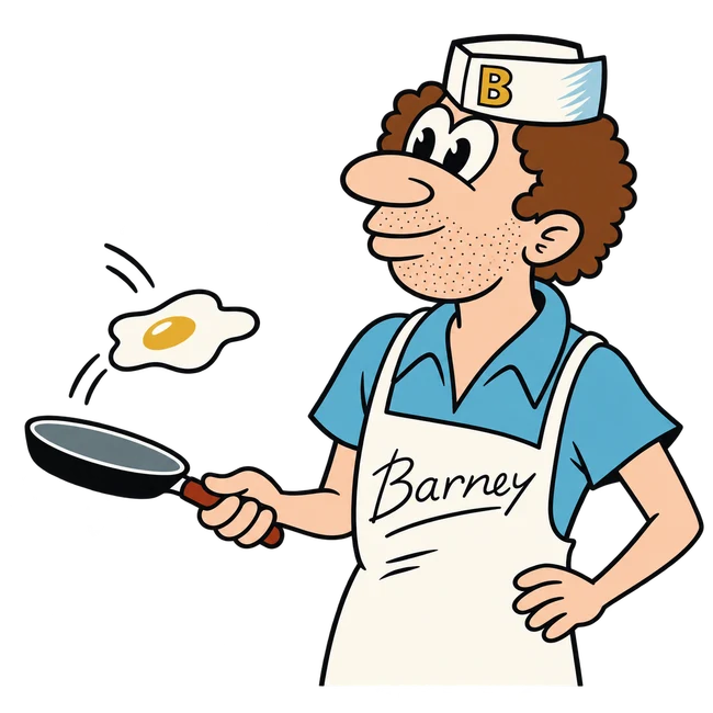 A new illustration of Barney in his blue shirt and B paper cap, tossing a fried egg in a pan.