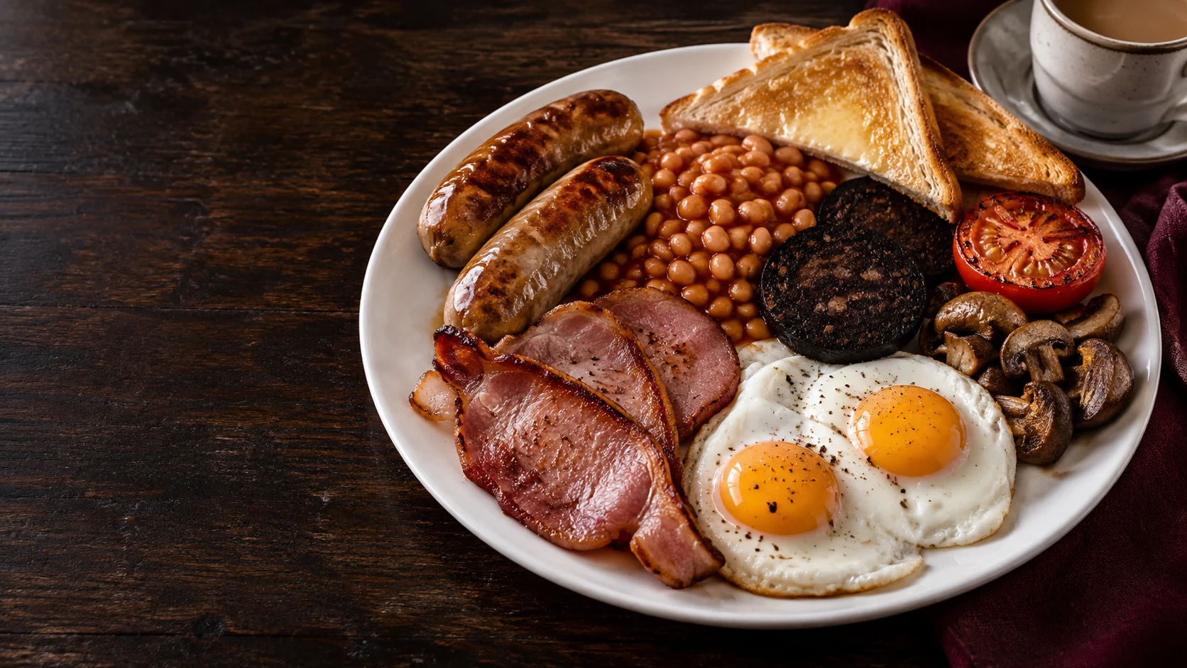 Serveersuggestie: full English breakfast met sausages, back bacon, eieren, baked beans, black pudding, tomaat, champignons en toast.