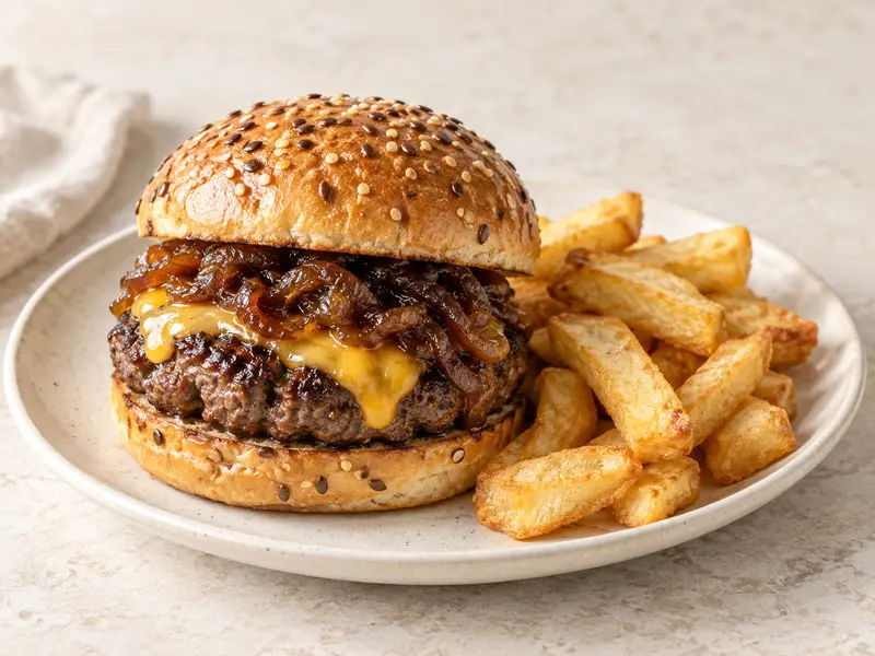 Gegenereerde serveersuggestie met een steakburger, cheddar, uienrelish en friet