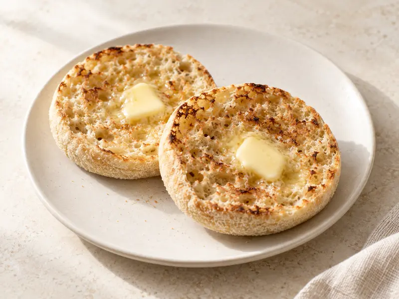 Gegenereerde serveersuggestie met geroosterde English muffins en boter